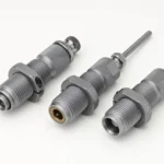 Hornady Custom Grade New Dimension Series II Handgun 3-Die Set, three silver dies in angled view