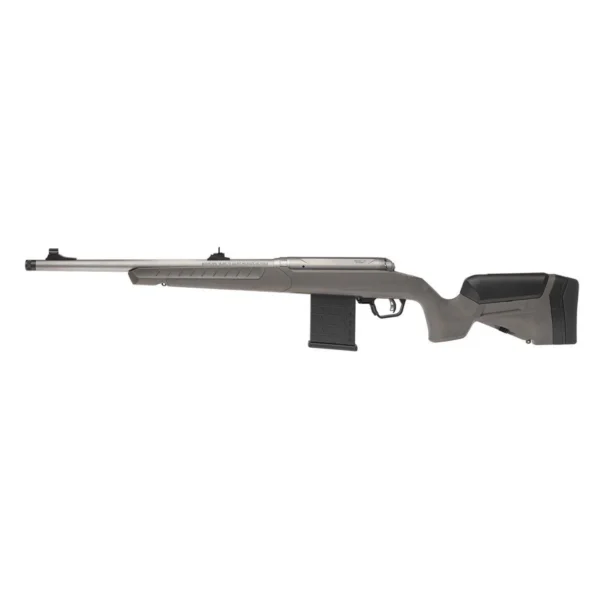 Savage 110 Ridge Hunter rifle, right-side view with flat dark gray stock, black barrel and magazine
