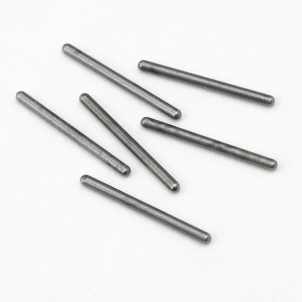 Hornady Decapping Pins Large, six silver metal pins arranged on white