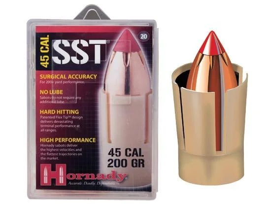 Hornady SST ML bullets, retail package beside a copper bullet in tan sabot