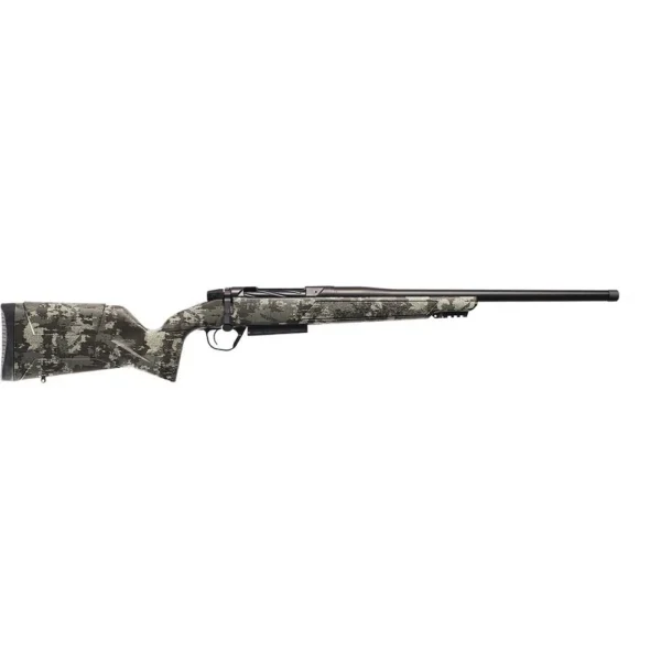 Christensen Evoke Rifle, green camouflage, left-side view with bolt action and black barrel
