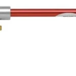 Hornady Lock-N-Load O.A.L Gauge, side view of curved red gauge with brass rod and silver collar