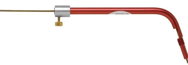 Hornady Lock-N-Load O.A.L Gauge, side view of curved red gauge with brass rod and silver collar