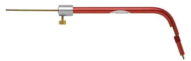 primary-30746 Hornady Lock-N-Load O.A.L Gauge, side view of curved red gauge with brass rod and silver collar