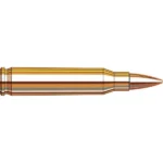 Hornady Frontier Rifle Ammunition brass cartridge, horizontal side view with pointed copper bullet