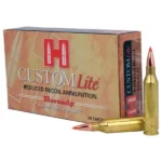Hornady Custom Lite Rifle Ammunition, tan box with three brass cartridges displayed