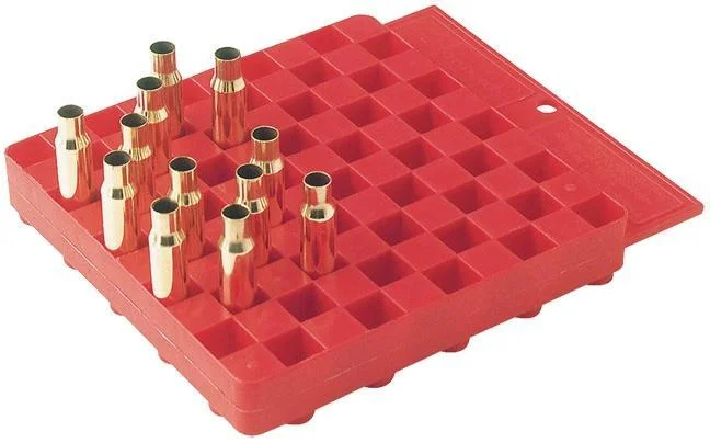 primary-30863 Hornady Universal Reloading Block, red block in top angled view with several cartridge cases