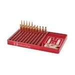 Hornady Aluminum Loading Block, red angled view with cartridges in rows and raised Hornady logo