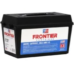 Hornady Frontier Rifle Ammunition black ammo can, front view with red, white and blue label
