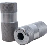 Hornady Cartridge Gauge 6mm ARC, silver knurled gauge shown upright and from the ends