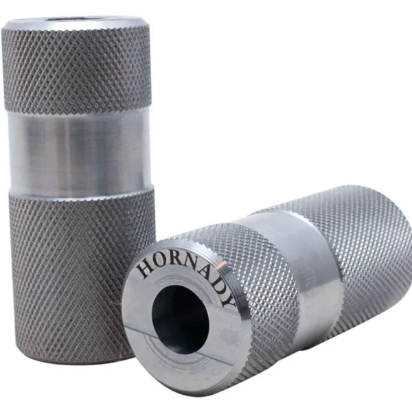 Hornady Cartridge Gauge 6mm ARC, silver knurled gauge shown upright and from the ends