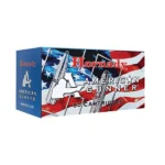 Hornady American Gunner rifle ammunition in flag-patterned retail box, angled front view