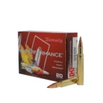 Hornady Superformance Rifle Ammunition red box with two cartridges, front angled view