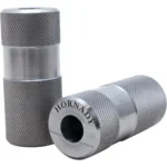 Hornady Cartridge Gauge silver cylindrical gauge shown upright and angled, with knurled ends