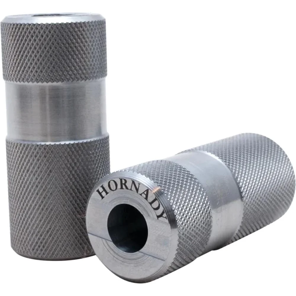 primary-30914 Hornady Cartridge Gauge silver cylindrical gauge shown upright and angled, with knurled ends