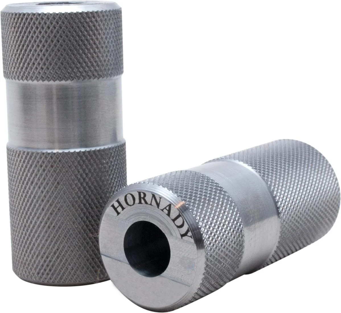 primary-30918 Hornady Cartridge Gauge 300 PRC silver knurled metal gauges, upright and angled front views