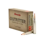 Hornady Outfitter Rifle Ammunition, tan box with three cartridges displayed in front