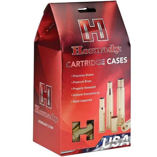 Hornady Unprimed Brass Rifle Cartridge Case .22 ARC, red retail box in front view