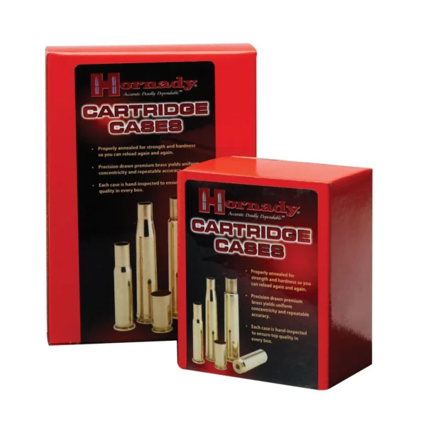Hornady Unprimed Brass Rifle Cartridge Cases, two red and black retail boxes in front view