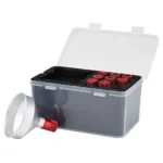 Hornady Premium Powder Funnel Kit, open gray case with white funnel and red adapters