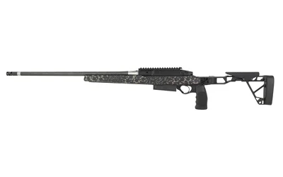 Seekins Element Hunter, left-side view with black finish, long barrel and skeletonized stock