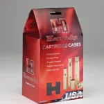 Hornady Unprimed Brass Rifle Cartridge Cases red retail box, angled front view
