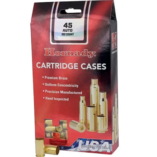 Hornady Unprimed Brass Rifle Cartridge Cases red box with loose brass cases in front