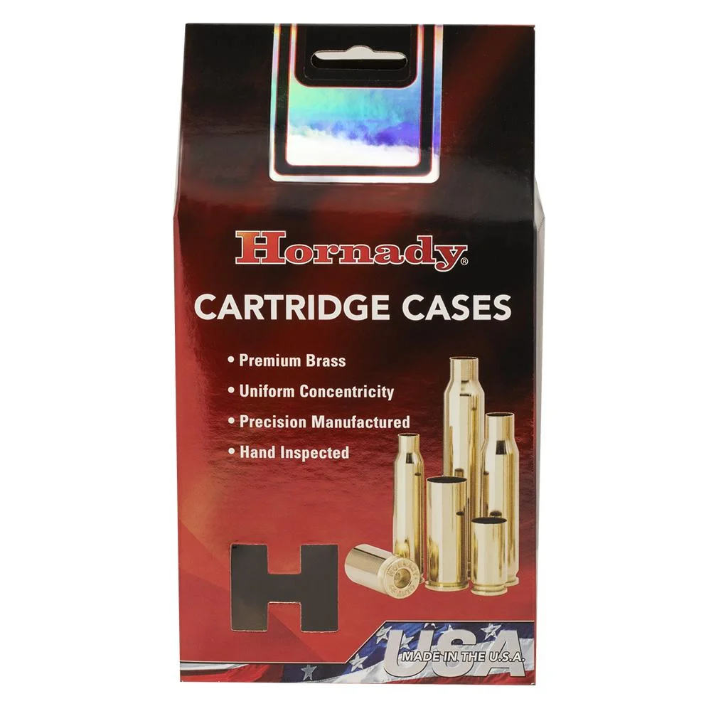 primary-31012 Hornady Unprimed Brass Rifle Cartridge Cases, front view of red and black retail package