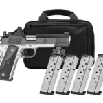 Springfield Ronin pistol, right-side view with black range bag and five silver magazines