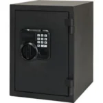 Hornady Fireproof Keypad Safe, black front three-quarter view with keypad, handle and hinged door