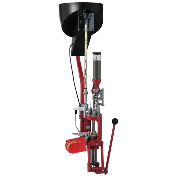 Hornady Lock-N-Load Automatic Case Feeder, front view with black hopper and red press