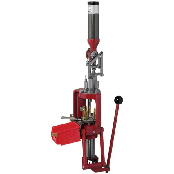 Hornady Lock-N-Load AP Reloading Press, red front view with hopper, feed tray and black handle