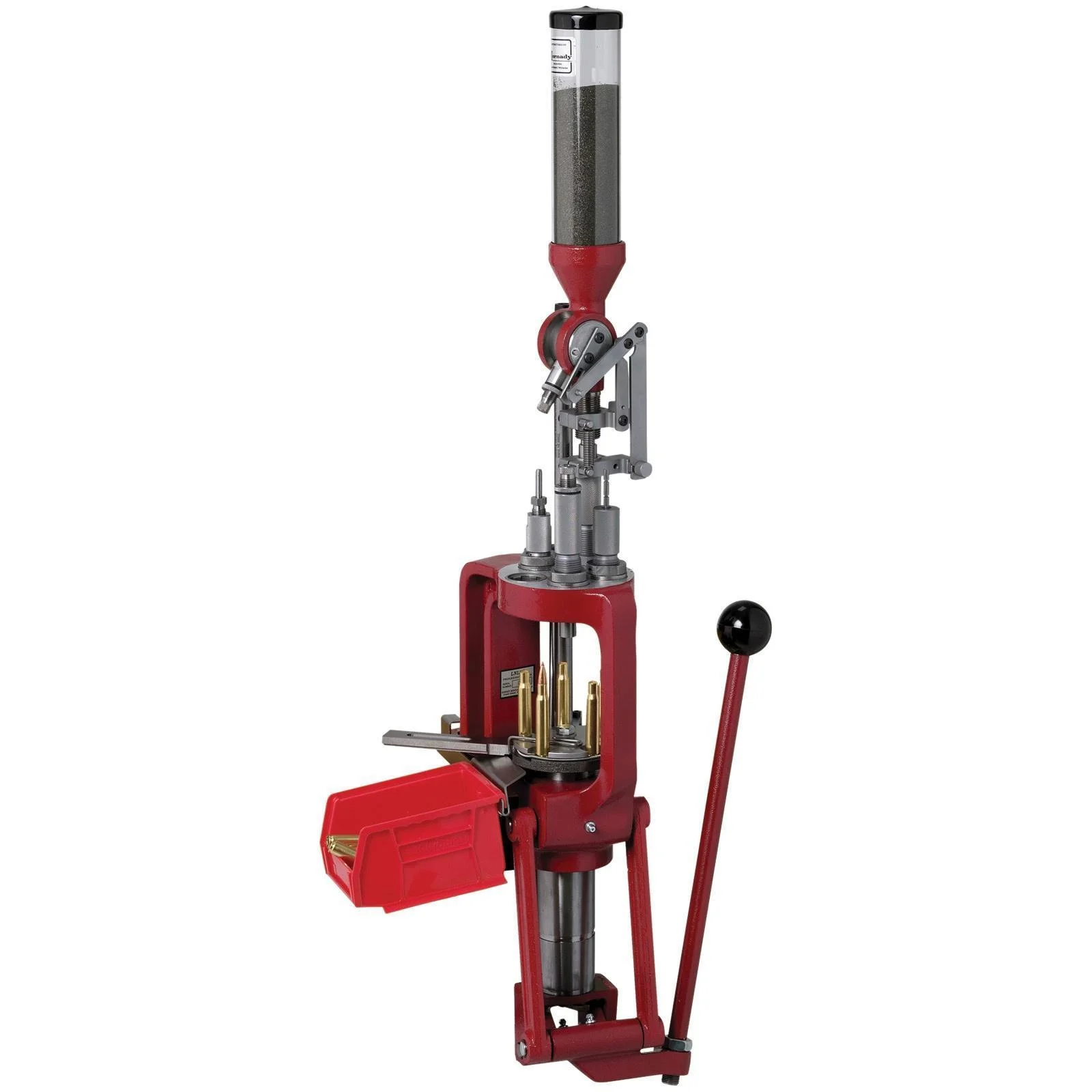 primary-31169 Hornady Lock-N-Load AP Reloading Press, red front view with hopper, feed tray and black handle