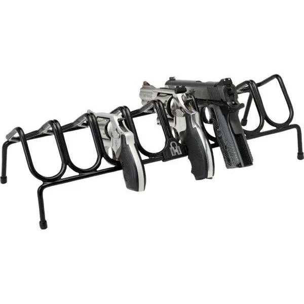 Hornady 8-Gun Pistol Rack, black wire rack shown at an angle holding several pistols