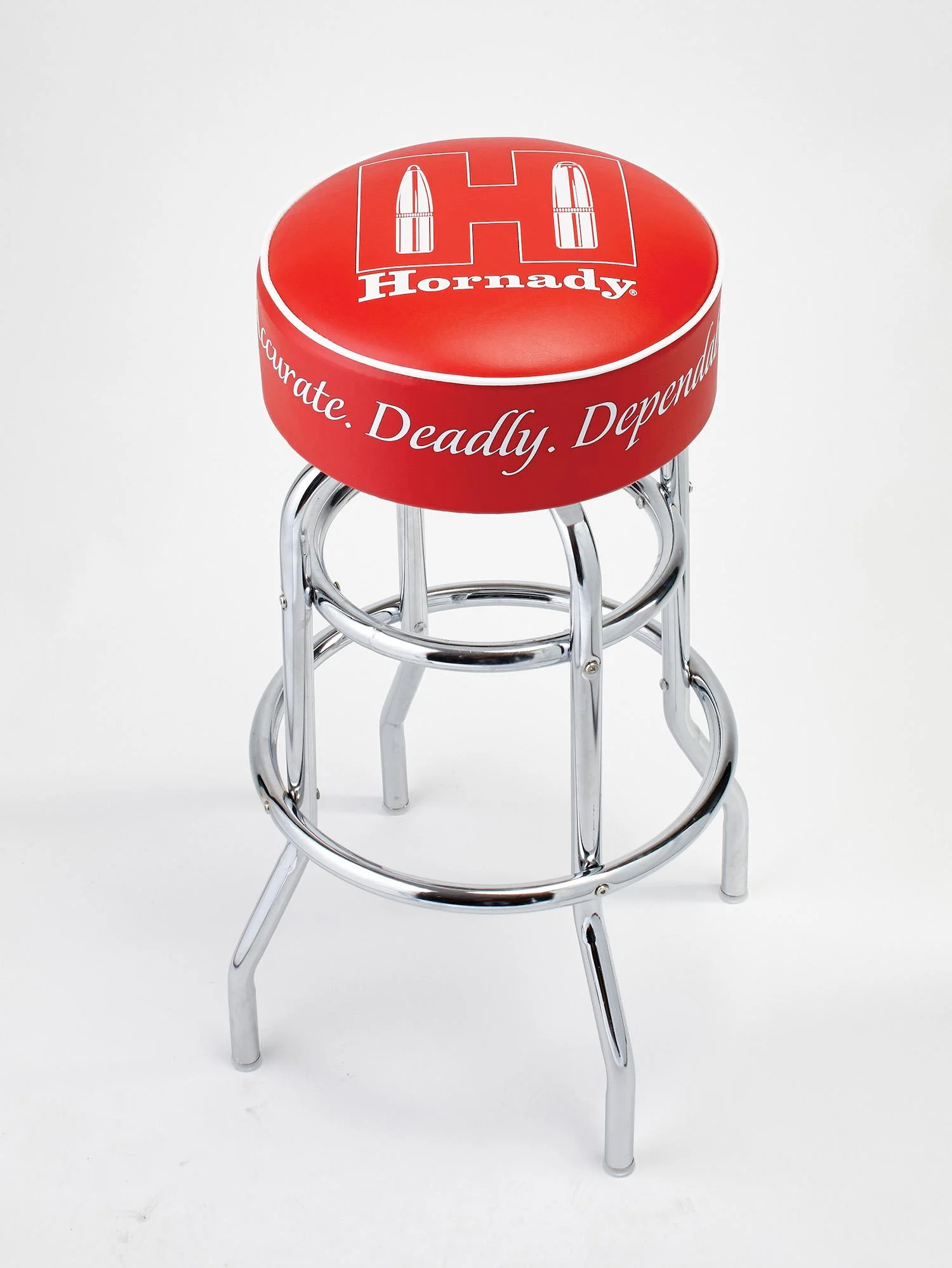 primary-31251 Hornady Reloading Bench Stool, front view with red round seat, chrome legs and circular footrest