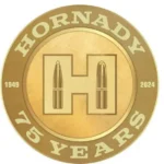 Hornady 75th Anniversary Tin Sign, round gold sign with large H, bullet graphics and 1949–2024 dates