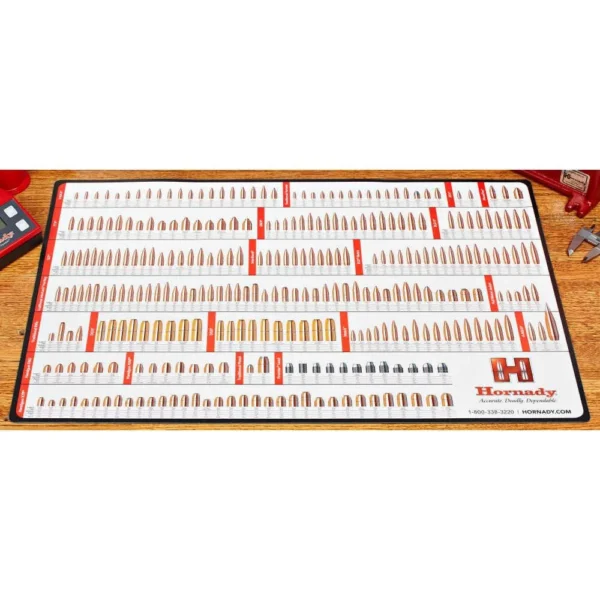 Hornady Reloading Counter Mat, top view with red border, cartridge diagrams and Hornady logo