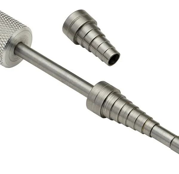 Hornady Pilot Style Flash Hole Deburr Tool, silver knurled tool with removable fitting