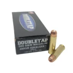 Double Tap 500 Equalizer Handgun Ammunition, black box with two brass cartridges