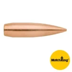 Sierra HPBT-CN MatchKing bullet, copper-coloured side view with pointed tip and yellow logo