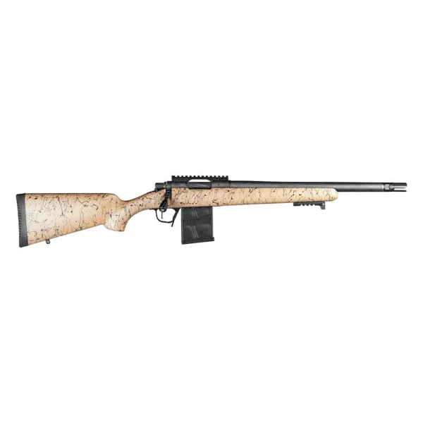 Christensen Arms Ridgeline FFT rifle, right-side view with tan speckled stock and black barrel