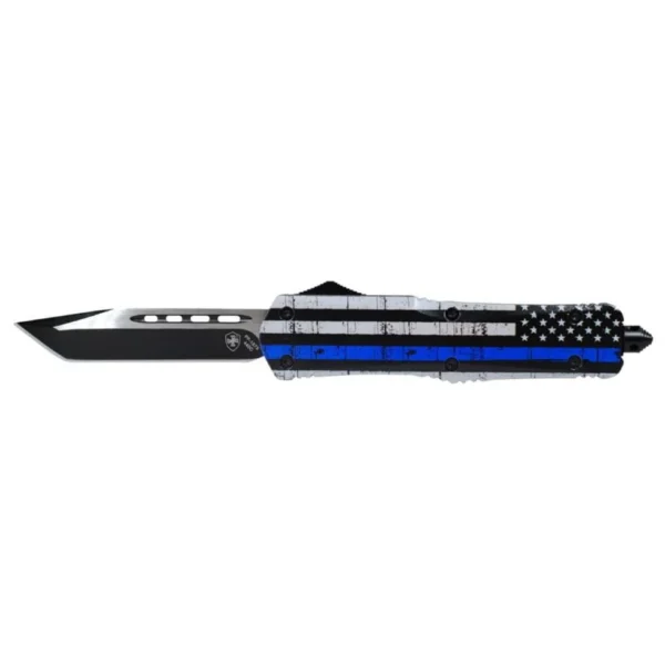 Templar Knife Large Knife, side view with black tanto blade and blue-line flag handle