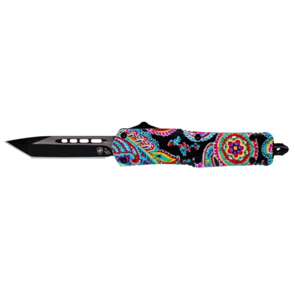 Templar Knife Small Knife, side view with black tanto blade and multicolour quilt-pattern handle