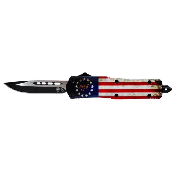 Templar Knife Small Knife, open black drop-point blade with Betsy Ross flag handle