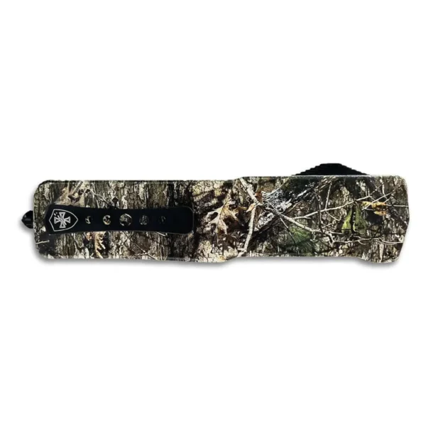 Templar Knife Premium Weighted Large Knife in Mossy Oak camouflage sheath, top view