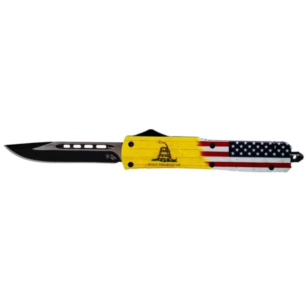 Templar Knife Slim Knife, open side view with black blade and US flag Don't Tread on Me handle