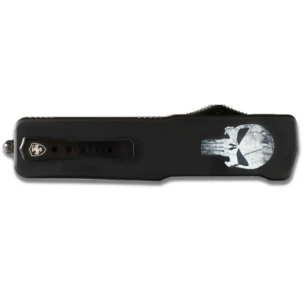 Templar Knives Premium Weighted Automatic Knife, closed black top view with skull graphic