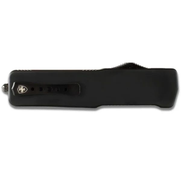Templar Knives Premium Lightweight automatic knife, black top view with rubber handle and pocket clip