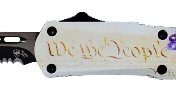 Templar Knife Small We The People black tanto knife, side view with serrated blade and flag design