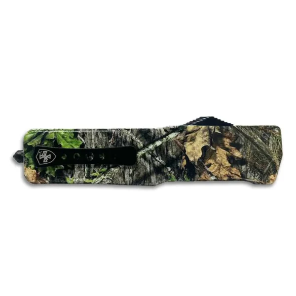 Templar Knife Premium Weighted Large Knife in a Mossy Oak camouflage sheath, side view